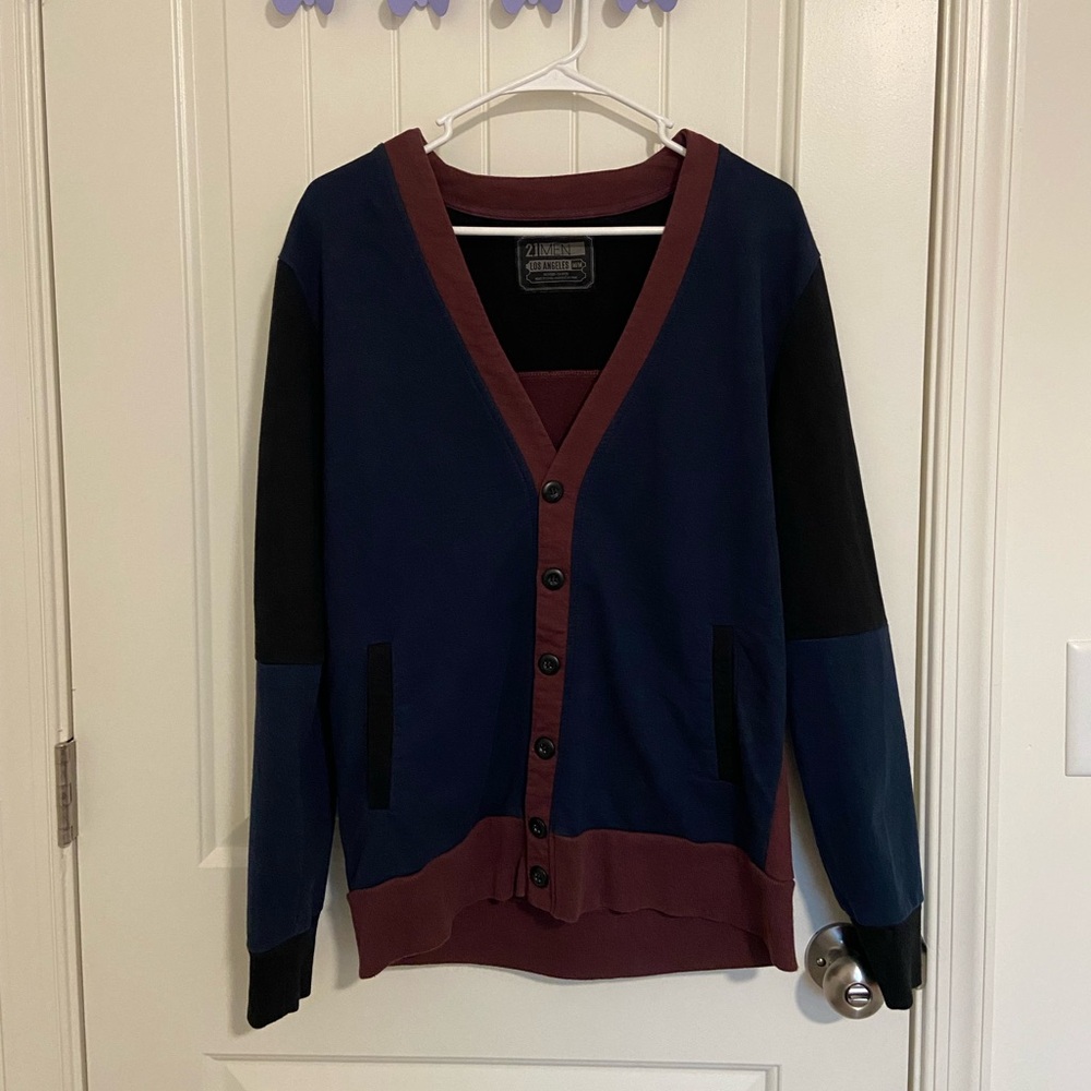 21 Men Los Angeles navy blue maroon‎ black block button cardigan sweater medium